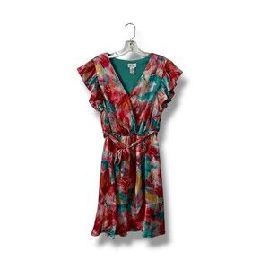 Nicole Miller Floral Satin Wrap Dress M Ruffle Hem Romantic Date Night